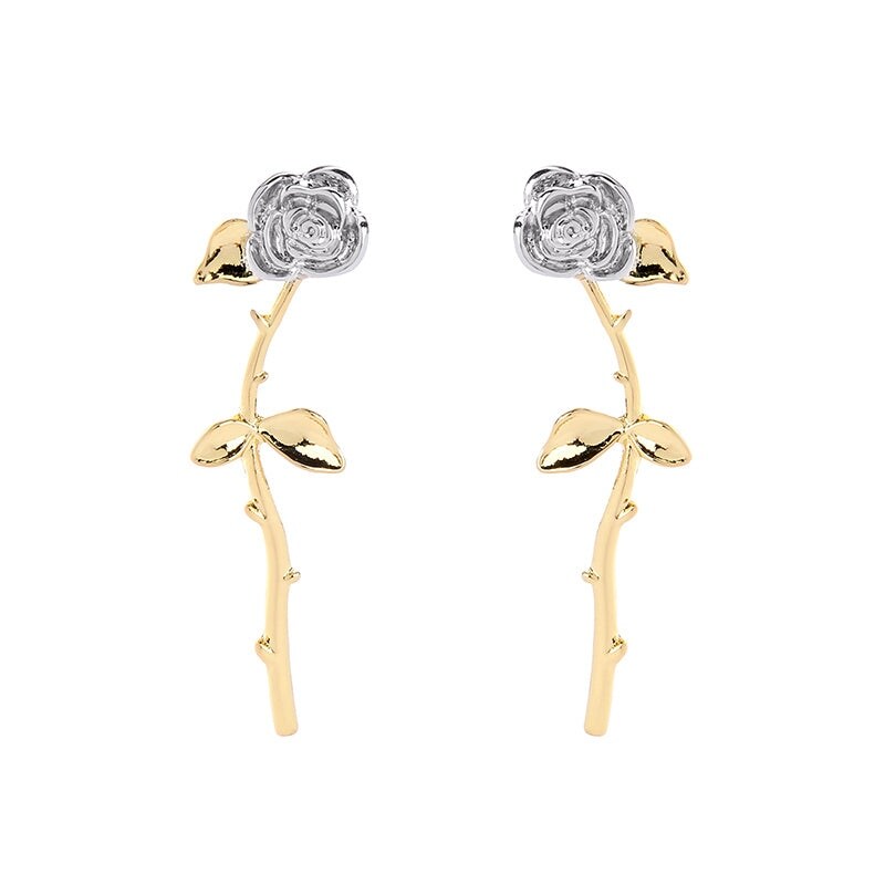 Two Tone Goldtone Silvertone Rose Flower Earrings