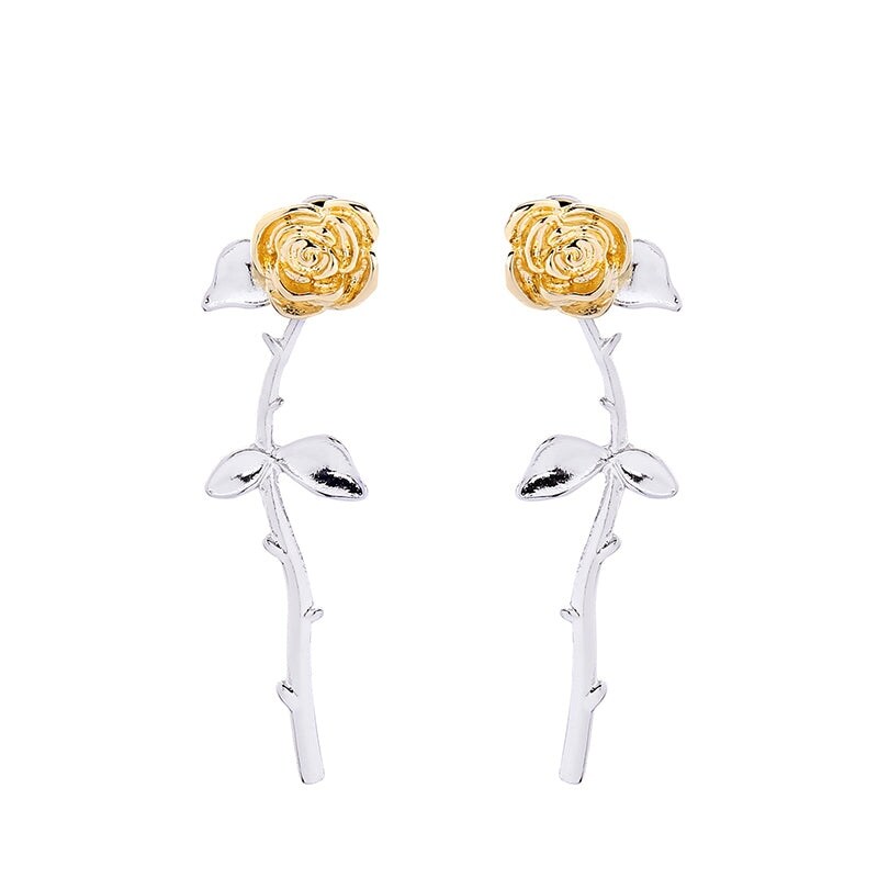 Two Toned Gold Silver Rose Drop Earrings