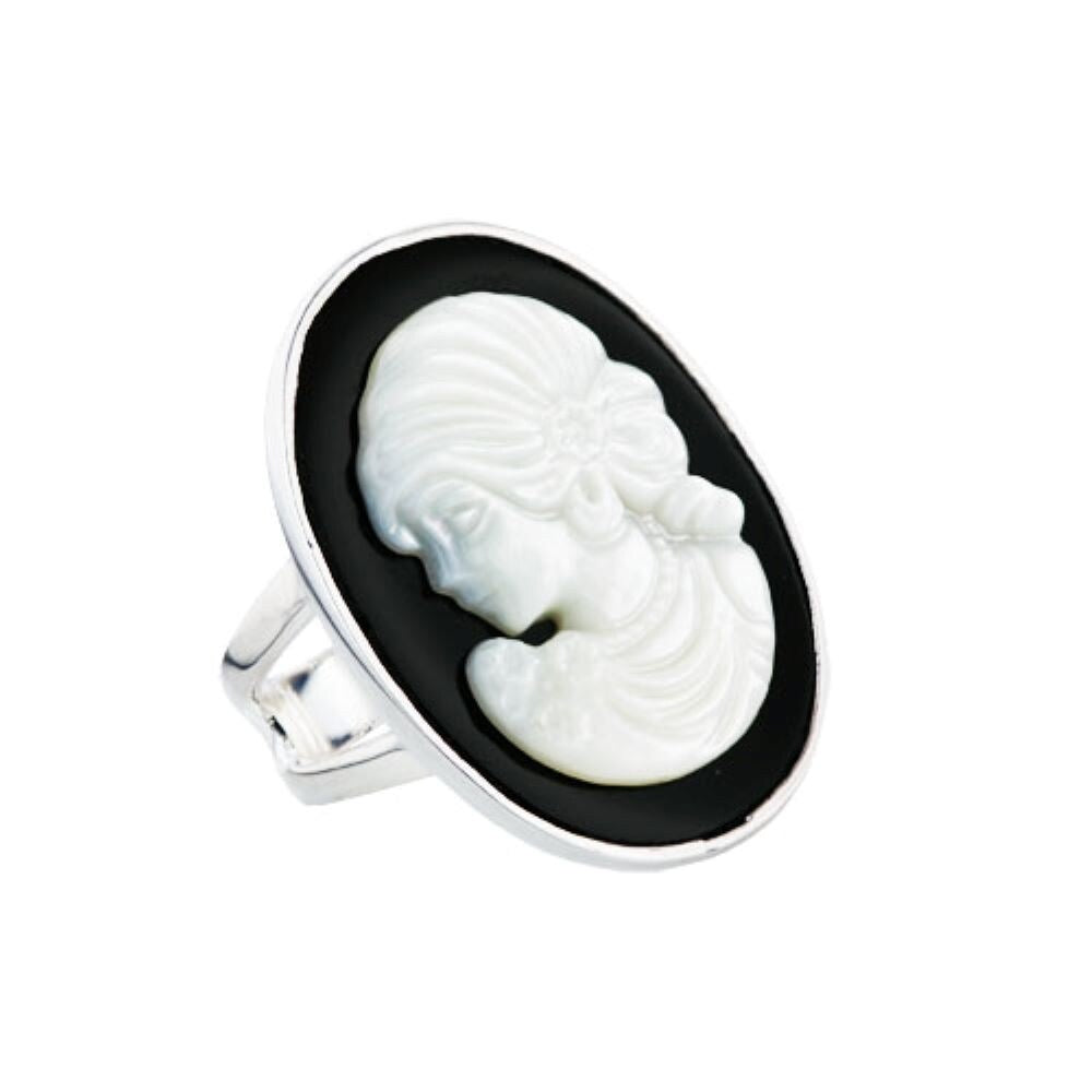 Vera & Co Sterling Silver Cameo Lady Silhouette Oval Onyx and Mother of Pearl Ring