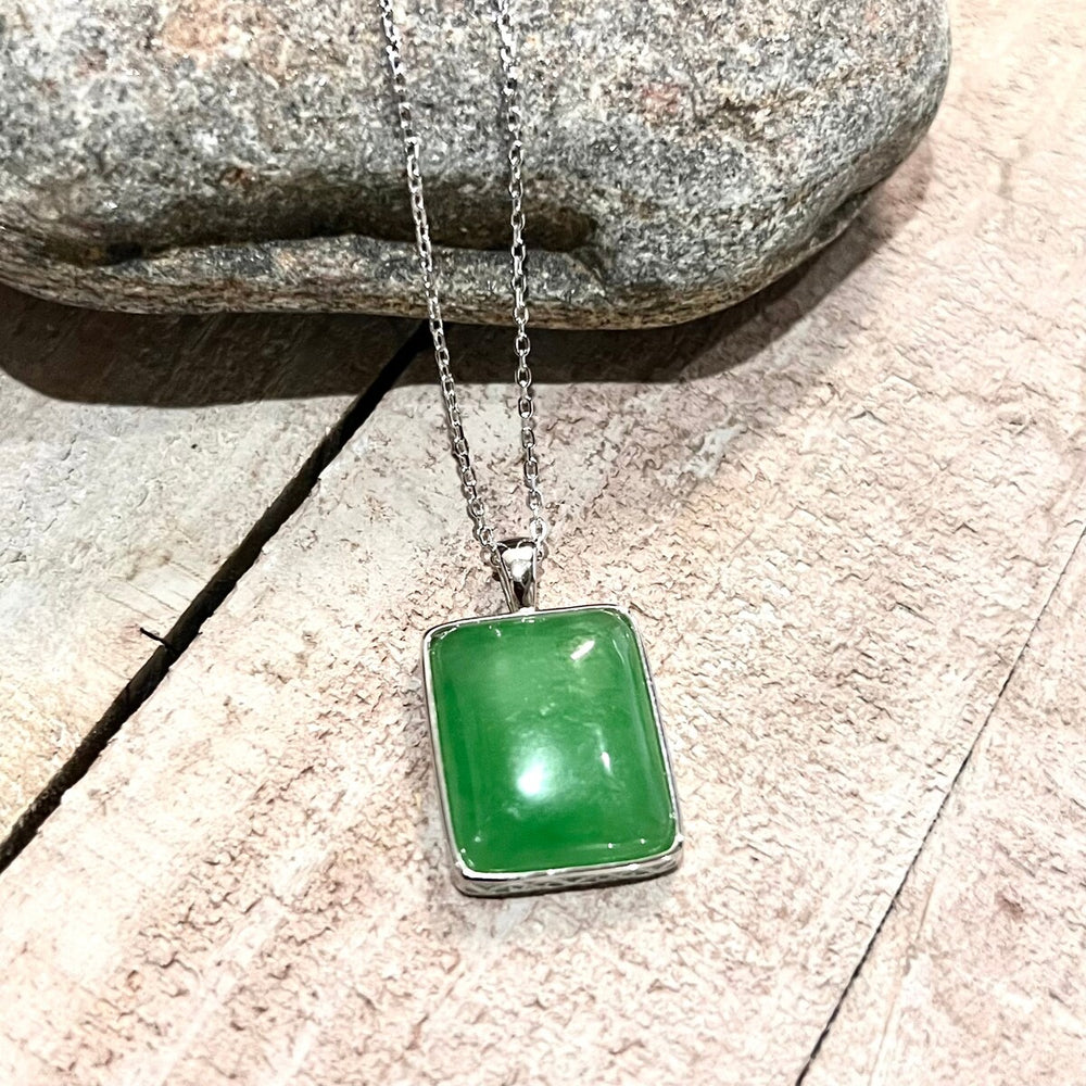 Vera & Co. Stering Silver Rectangular Shape Green Jade Charm Necklace