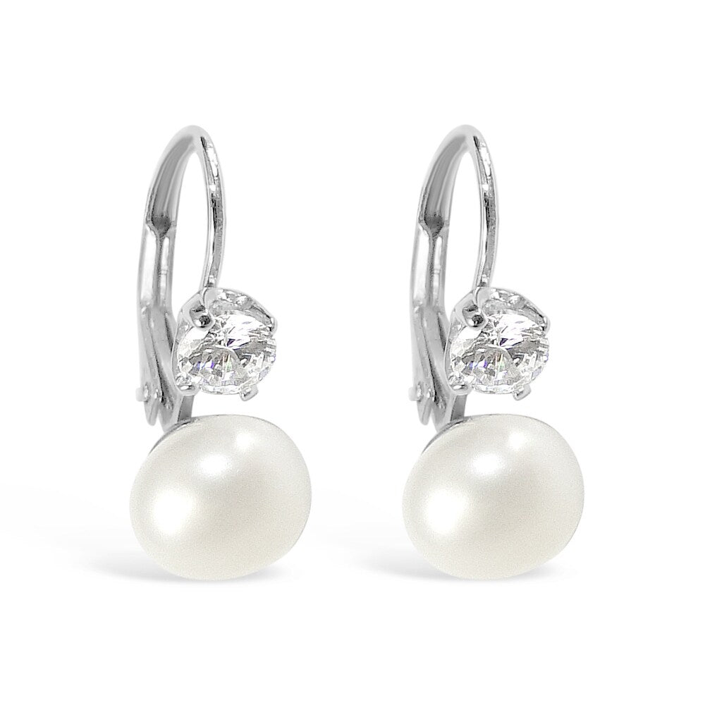 Vera & Co. Sterling Silver Freshwater Pearl Drop and CZ Leverback Earring - White