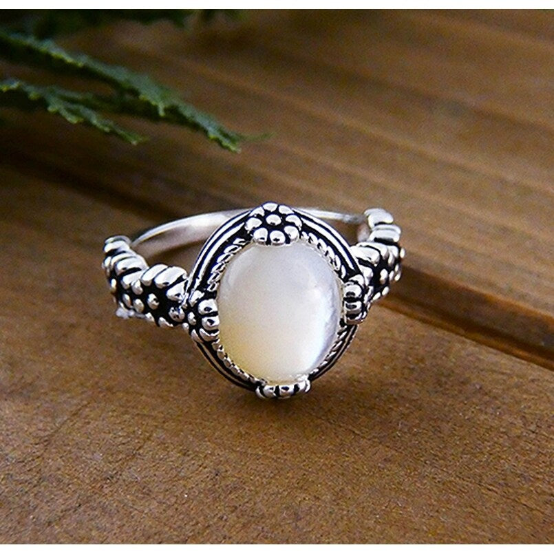 Vera & Co. Sterling Silver Oxidized Oval Mother of Pearl with Flowers Ring