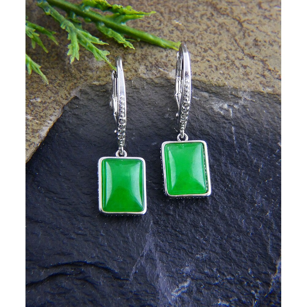 Vera & Co. Sterling Silver Rectangular Green Jade Dangle Earring