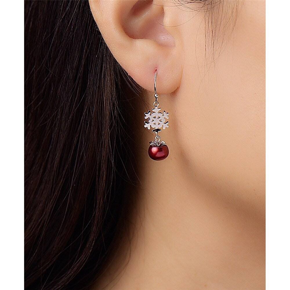 Vera & Co. Sterling Silver Snowflake with Red Drop of Freshwater Pearl Earring