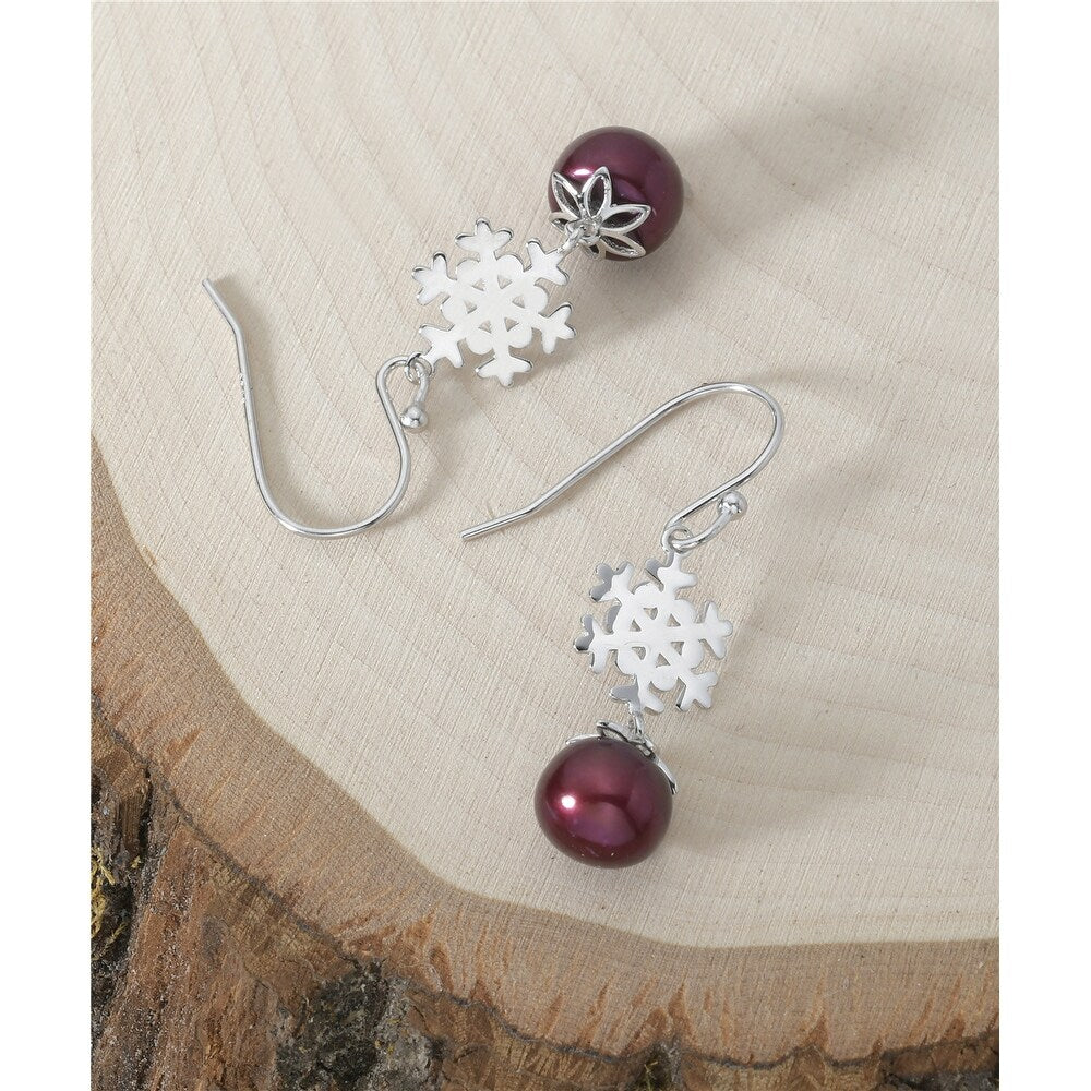 Vera & Co. Sterling Silver Snowflake with Red Drop of Freshwater Pearl Earring