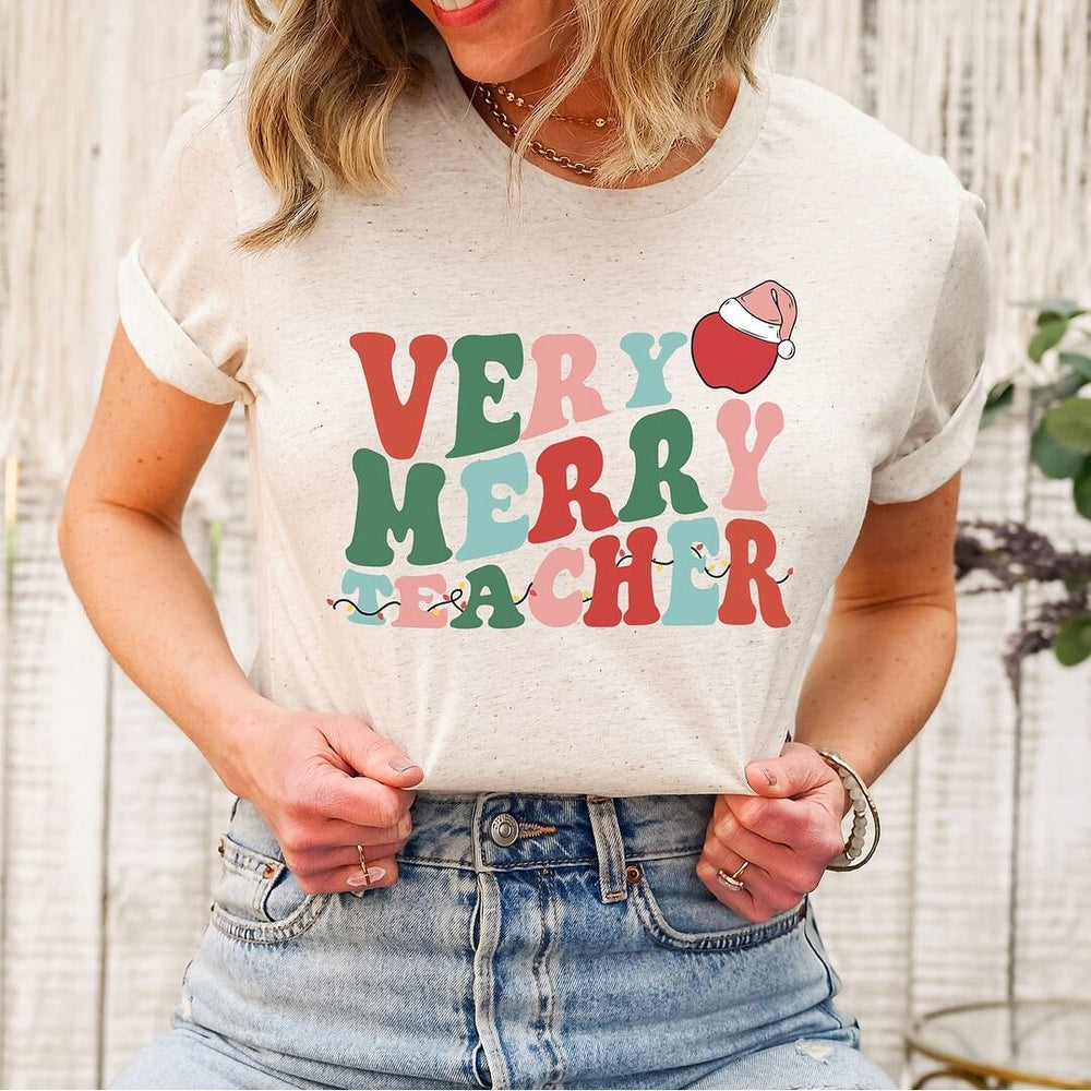 Very Merry Teacher Wavy Short Sleeve Crewnneck Tee