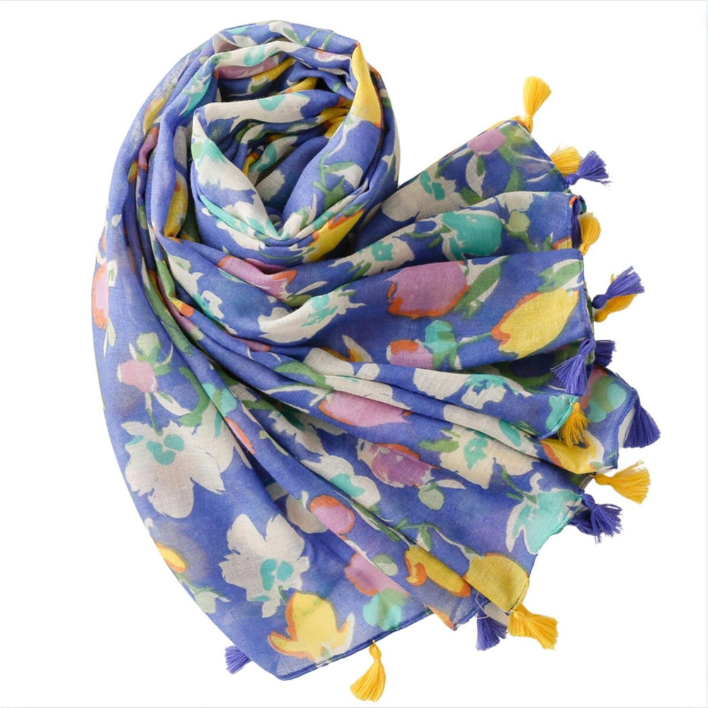 Watercolor Floral Scarf with Tassels in Blue and Yellow