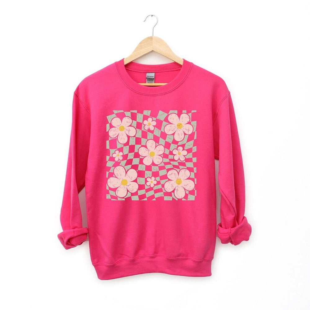 Wavy Checkered Flowers Graphic Sweatshirt