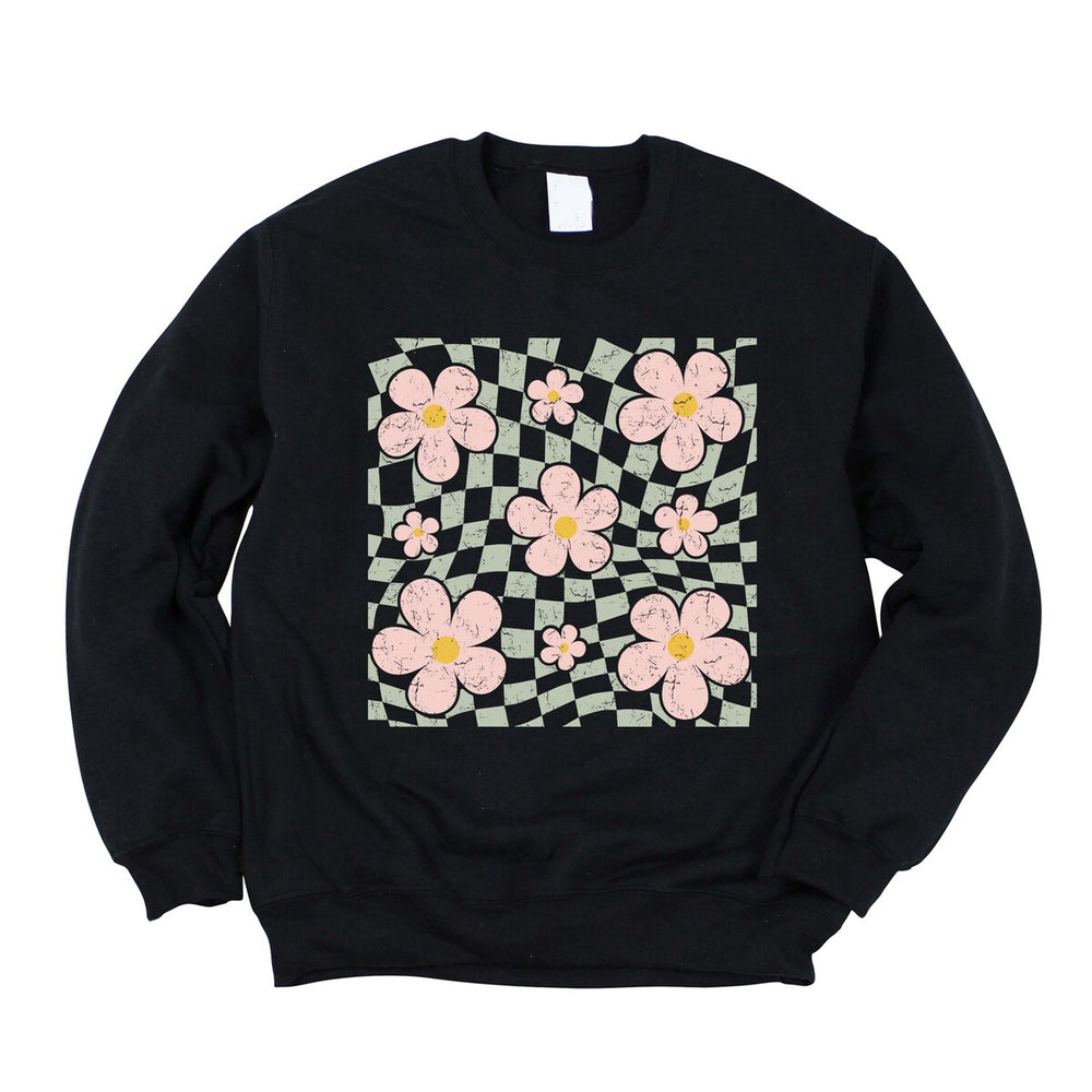 Wavy Checkered Flowers Graphic Sweatshirt