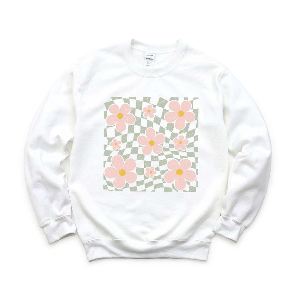 Wavy Checkered Flowers Graphic Sweatshirt