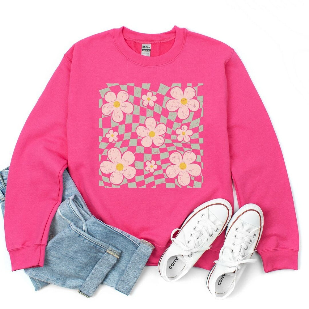 Wavy Checkered Flowers Graphic Sweatshirt