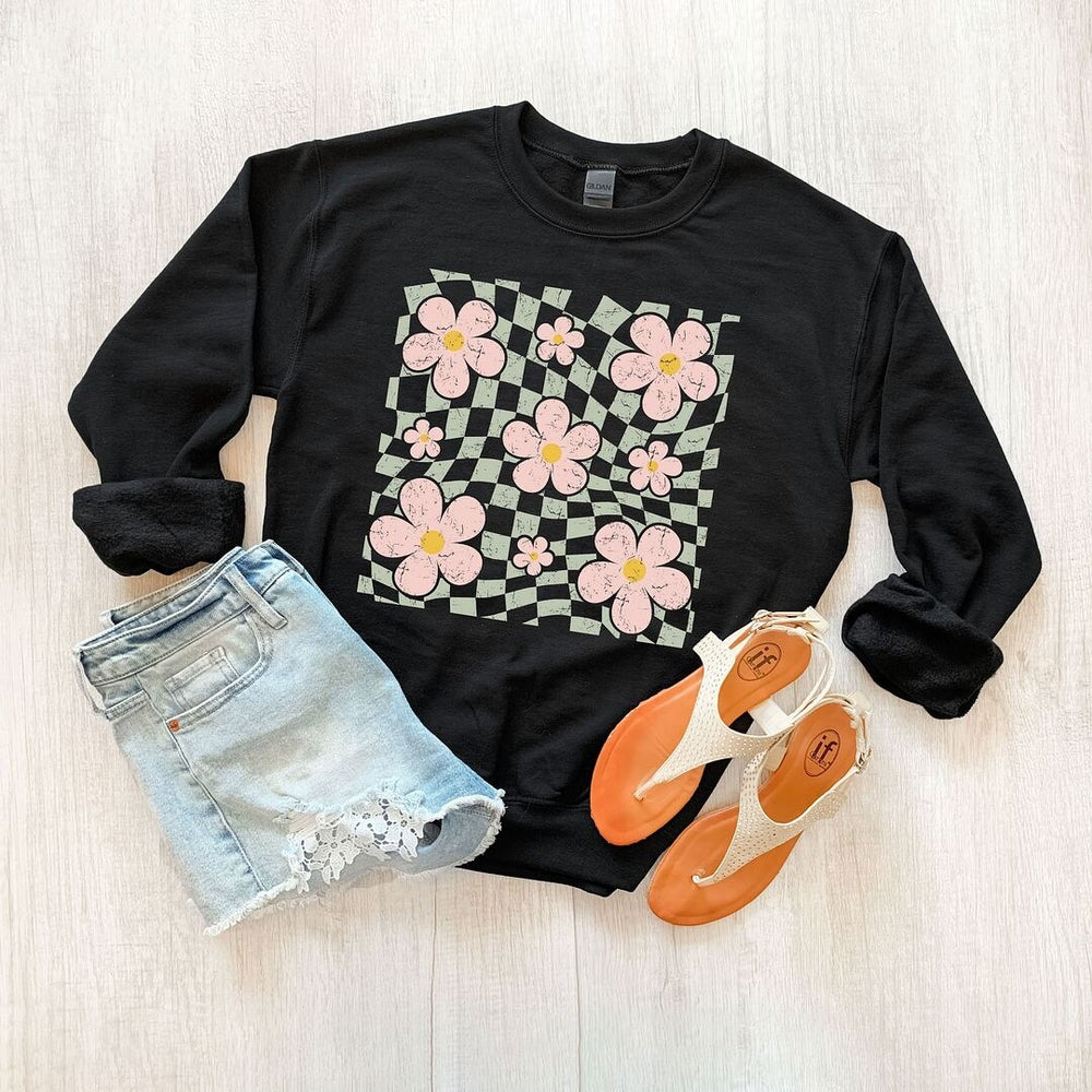 Wavy Checkered Flowers Graphic Sweatshirt