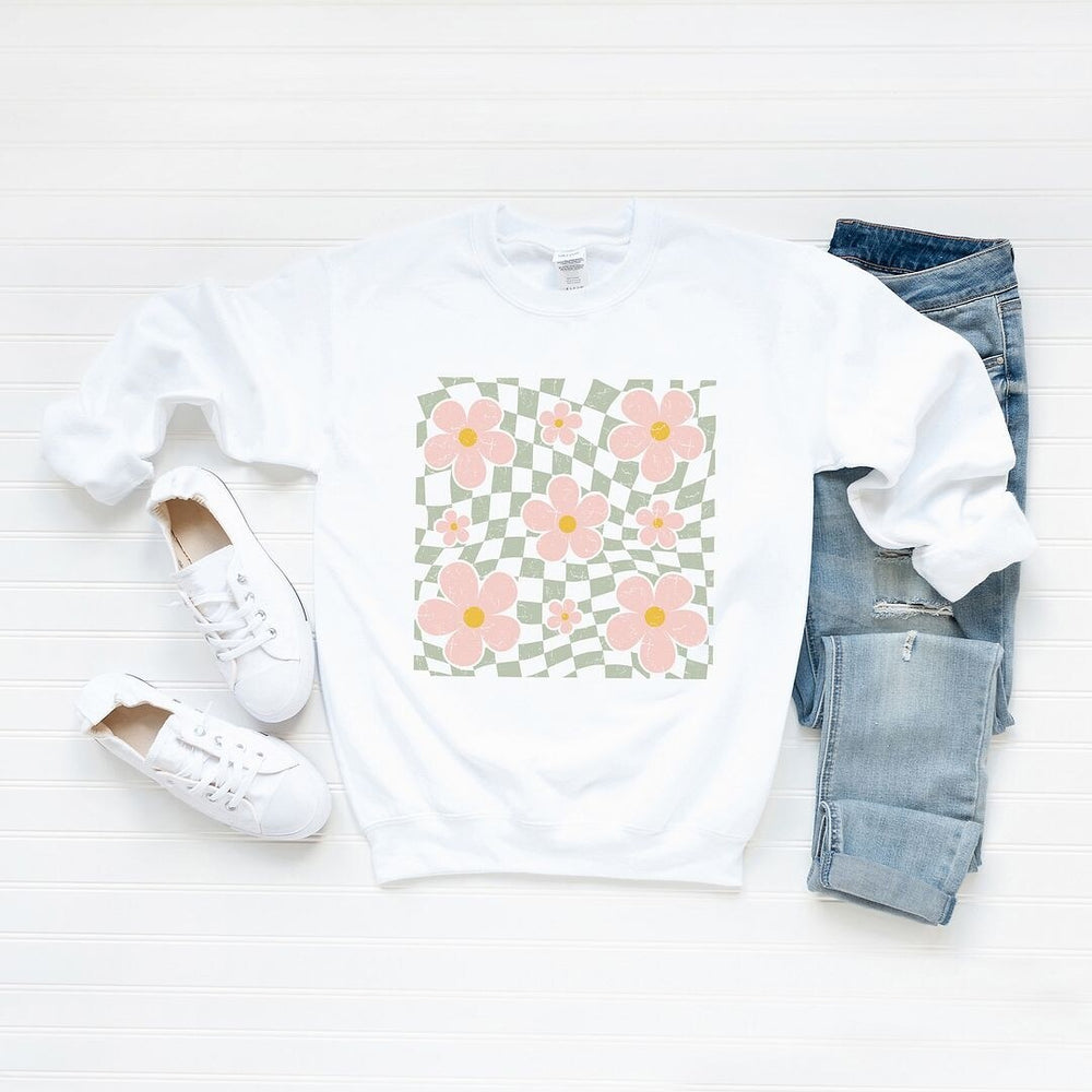 Wavy Checkered Flowers Graphic Sweatshirt