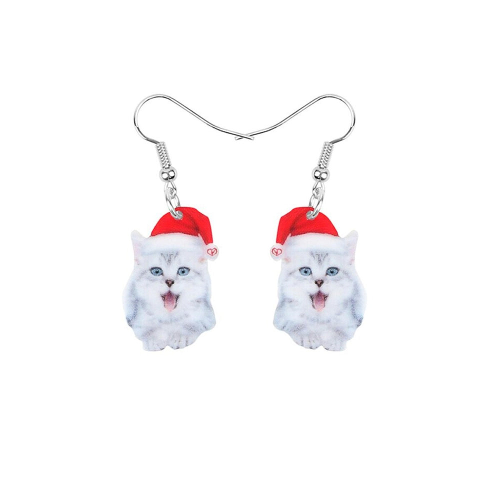 White Cat In Santa Hat Drop Earrings