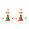 White Christmas Sweater With Green Christmas Tree Drop Earrings