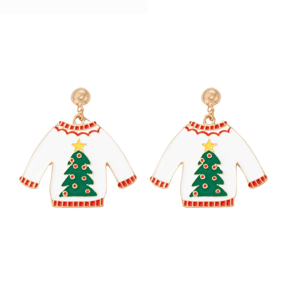 White Christmas Sweater With Green Christmas Tree Drop Earrings