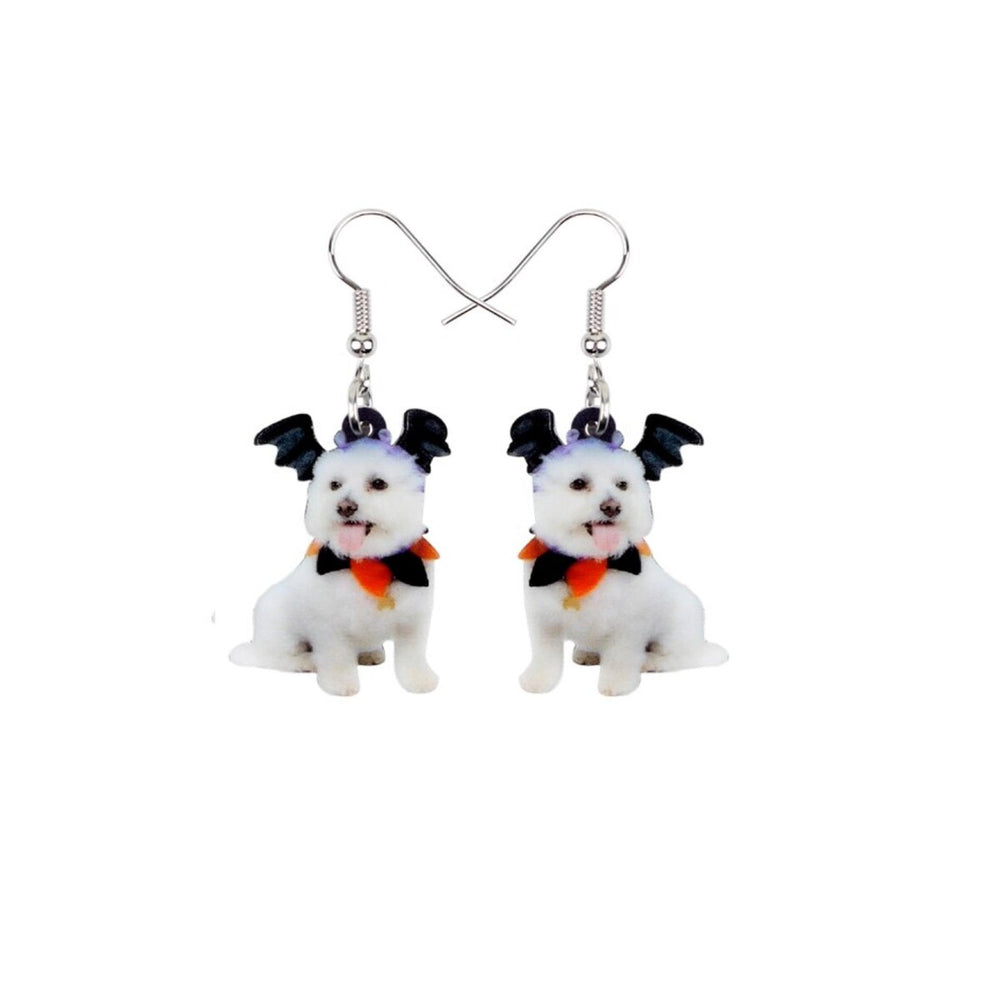 White Dog In Bat Wings Drop Earrings