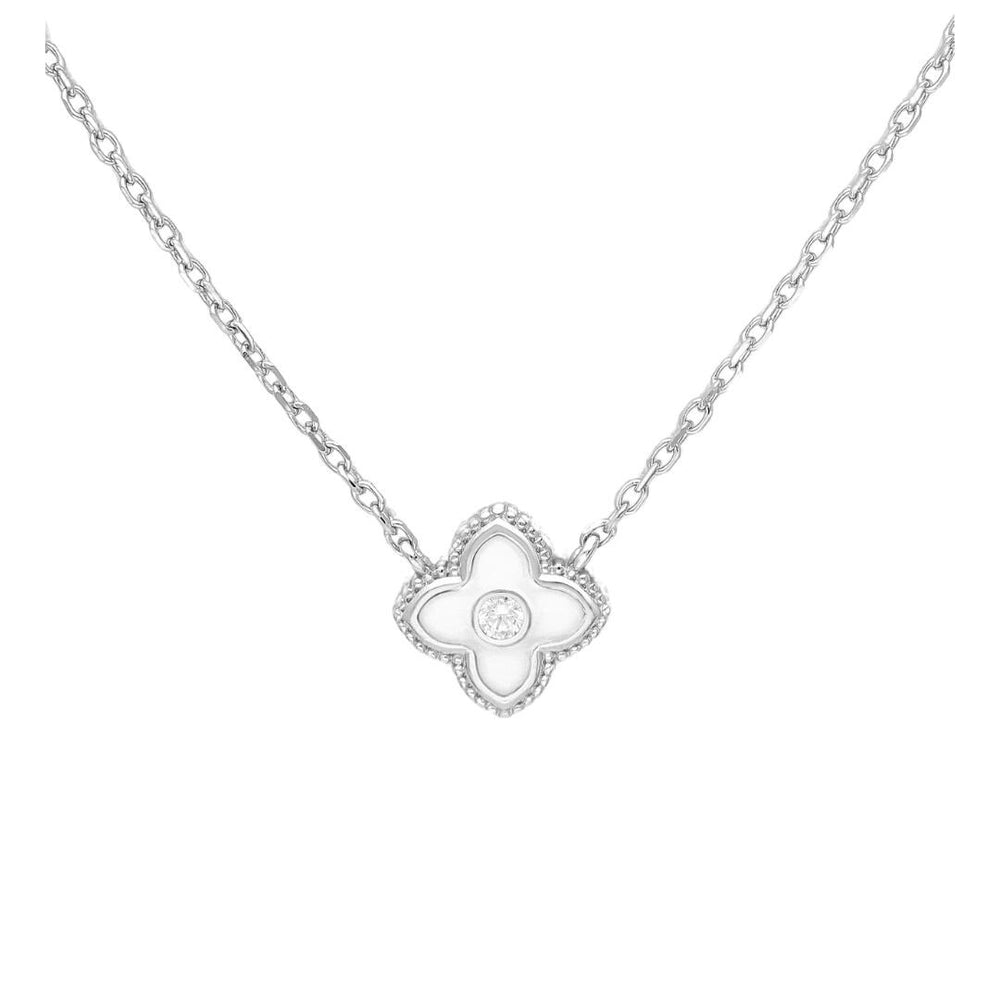 White Enamel Flower Charm Necklace - Ag Sterling