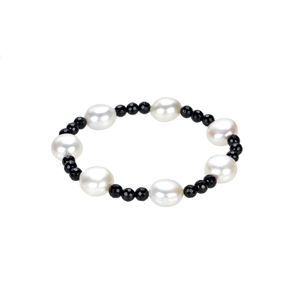 White Freshwater Cultured Pearl and Black Onyx stretchable Bracelet