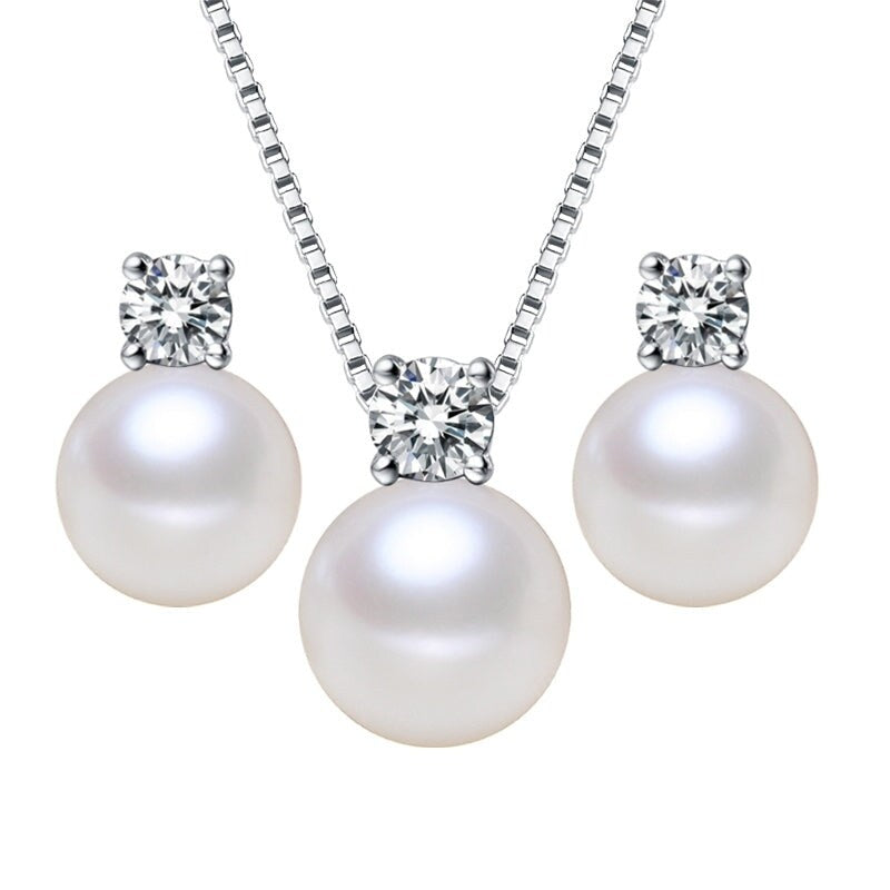 White Freshwater Pearl Cubic Zirconia Solitaire Pendant And Stud Earring Set