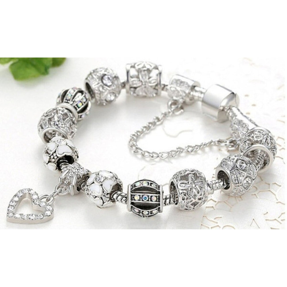 White Gold Plated Crystal Heart CZ Charm Beaded Bracelet - Silver