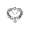 White Gold Plated Crystal Heart CZ Charm Beaded Bracelet - Silver