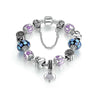 White Gold Plated Crystal Heart Charm Beaded Bracelet - Silver Blue Purple