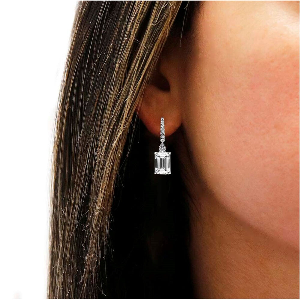 White Gold Plated Emerald Cut CZ Lever-back Earrings