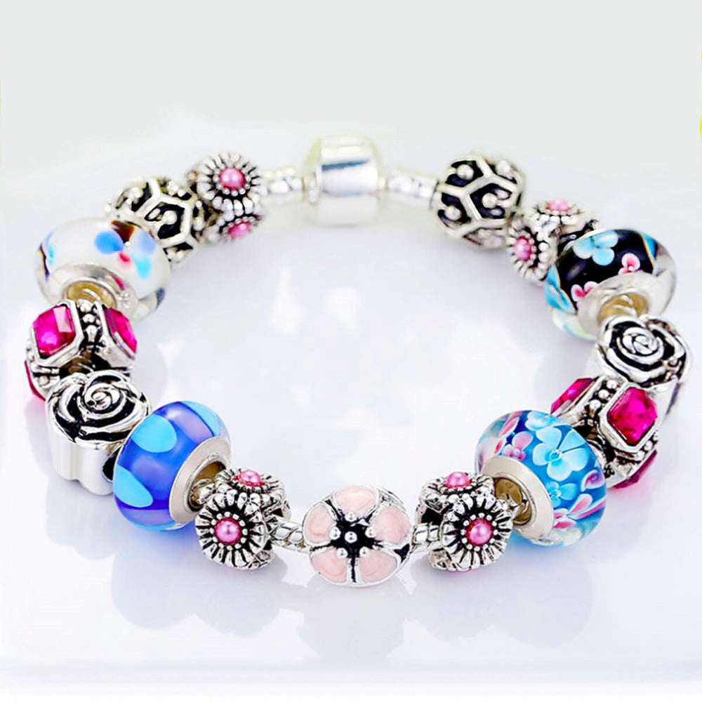 White Gold Plated Flower Crystal Charm Beaded Bracelet