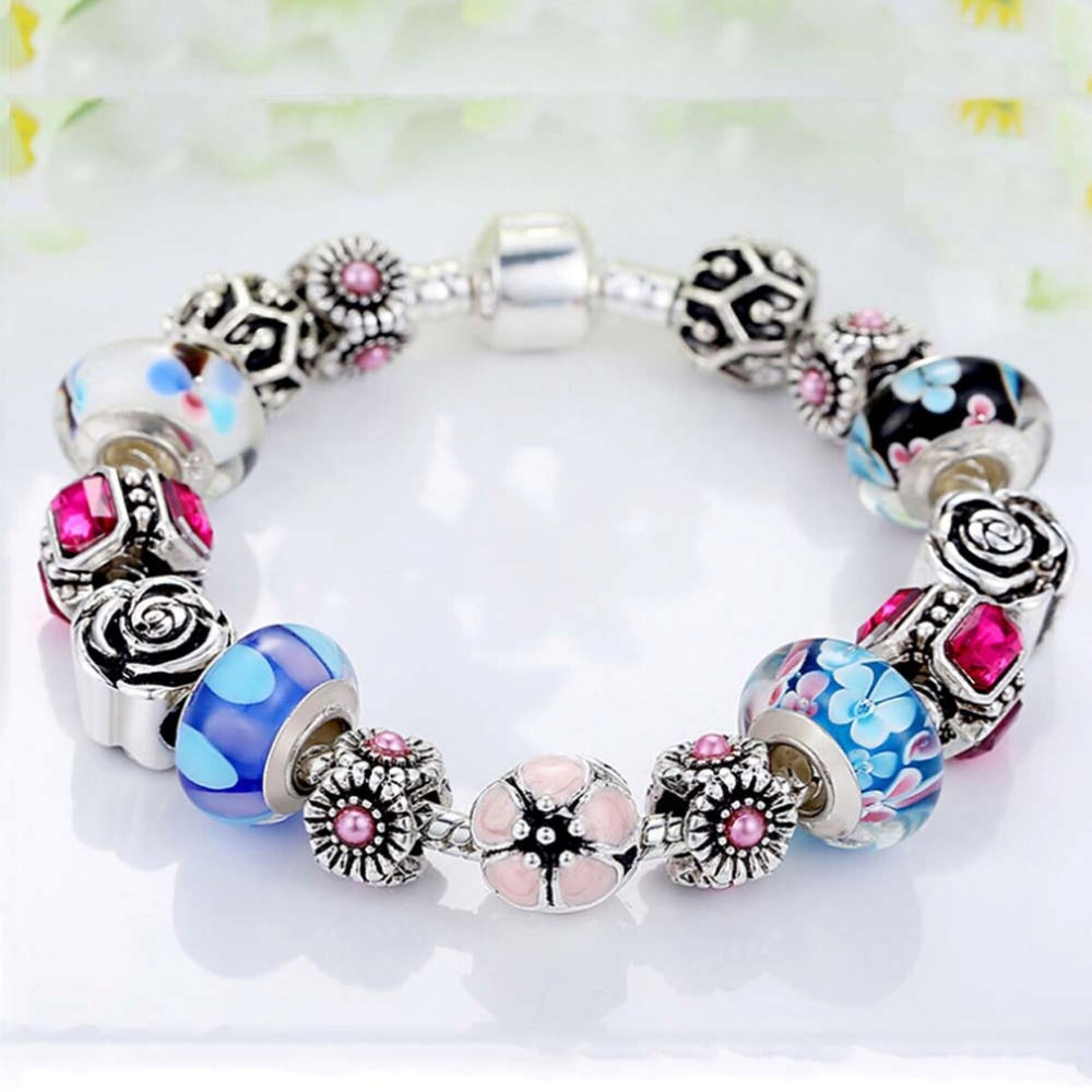 White Gold Plated Flower Crystal Charm Beaded Bracelet