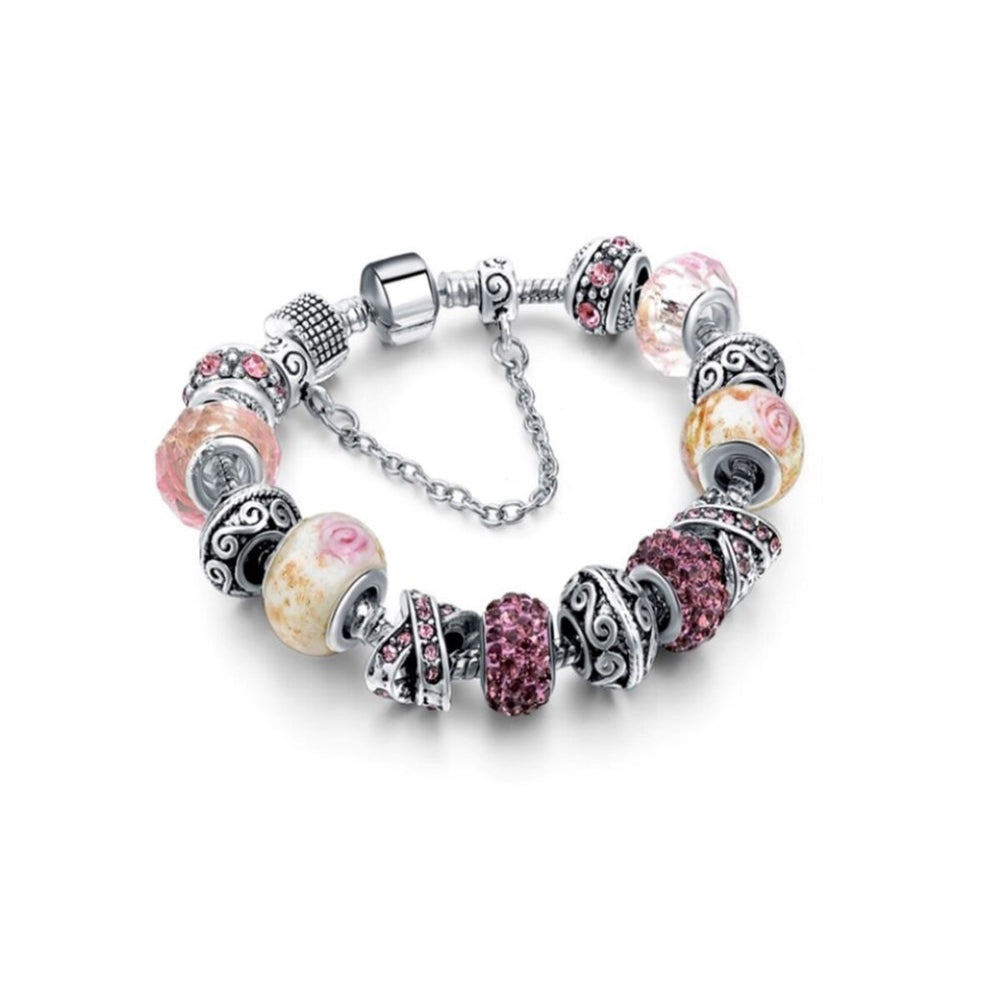 White Gold Plated Pink Crystal Charm Beaded Bracelet