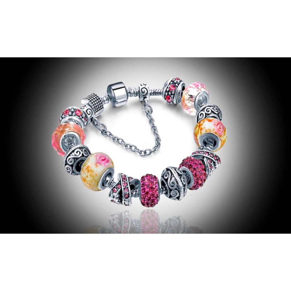 White Gold Plated Pink Crystal Charm Beaded Bracelet