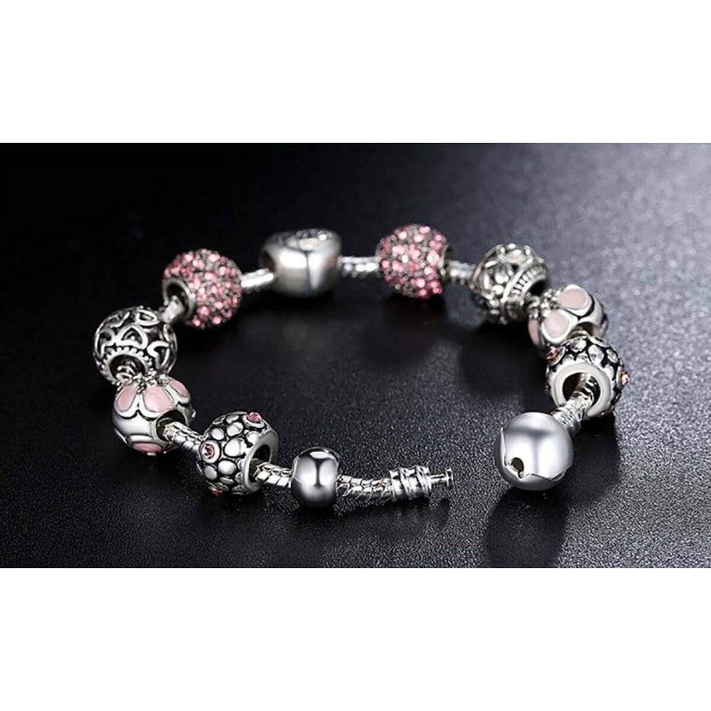 White Gold Plated Pink Crystal Love Heart Charm Beaded Bracelet - pink and silver