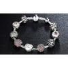 White Gold Plated Pink Crystal Love Heart Charm Beaded Bracelet - pink and silver