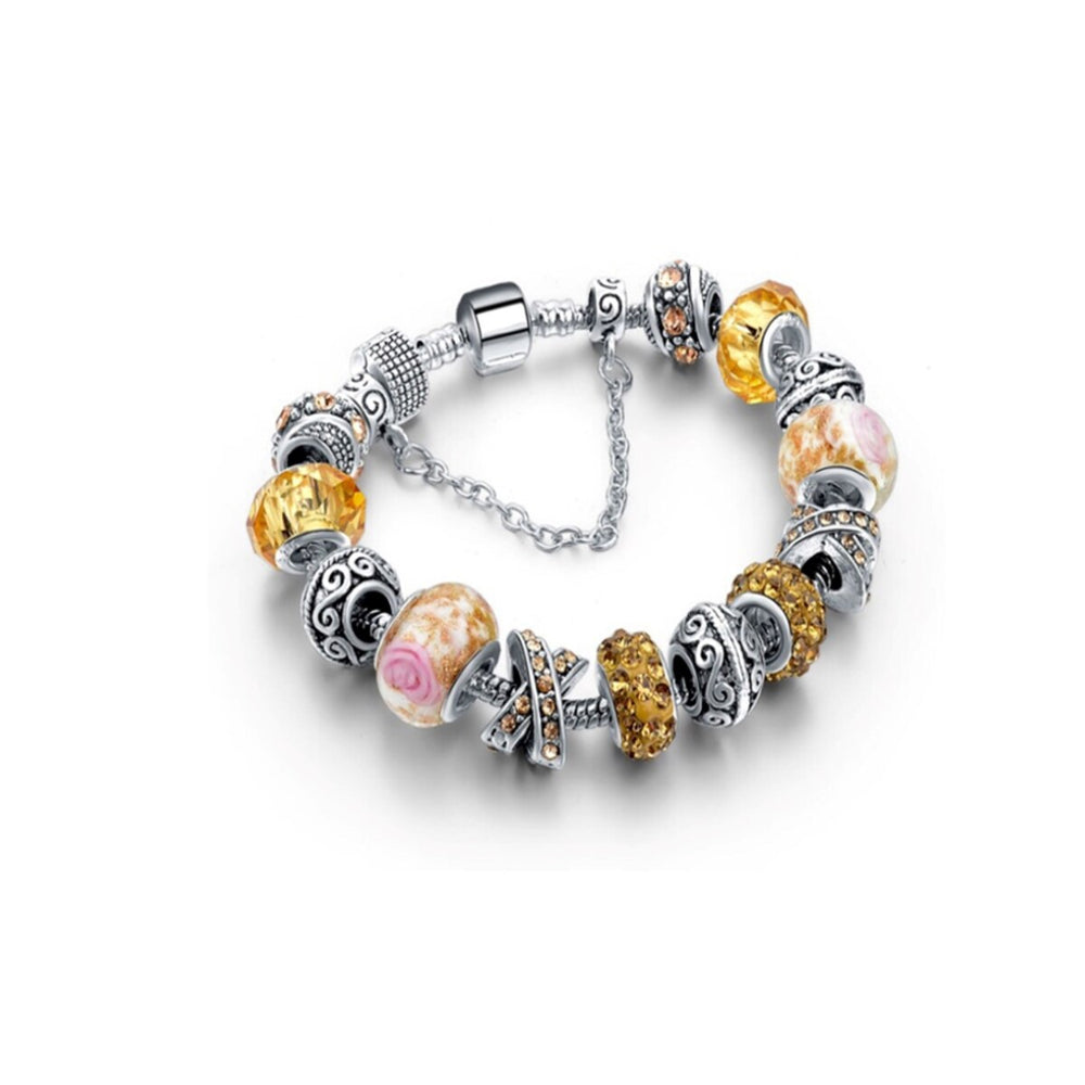 White Gold Plated Yellow Crystal Charm Beaded Bracelet