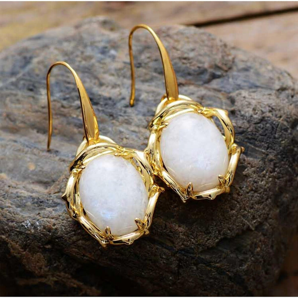 White Jade & Goldtone Framed Drop Earrings