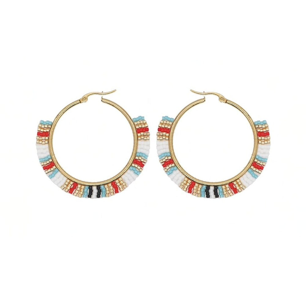 White Multi Colored Miyuki Seed Bead Hoop Earrings