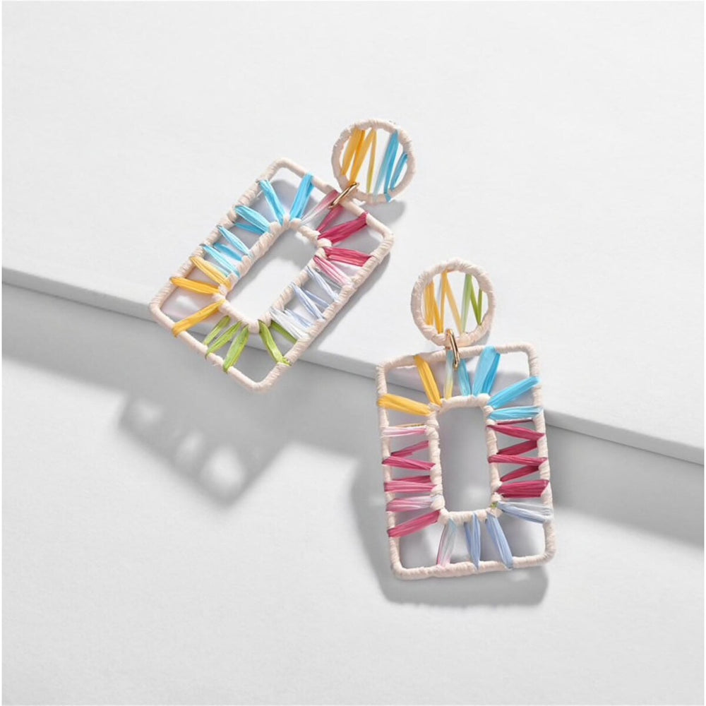 White Multi Colored Threaded Rectangular Earrings