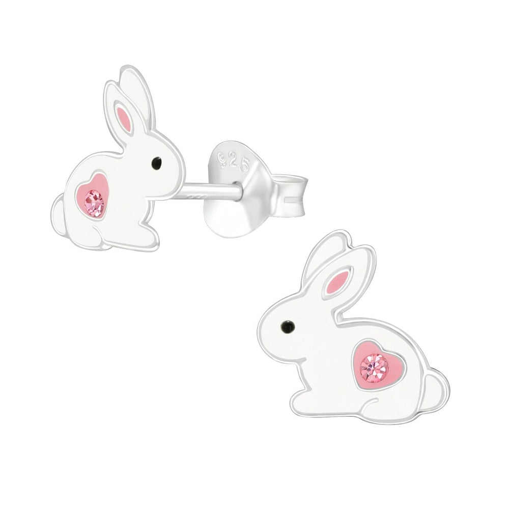 White Pink Bunny Rabbit Sterling Silver Stud Earrings