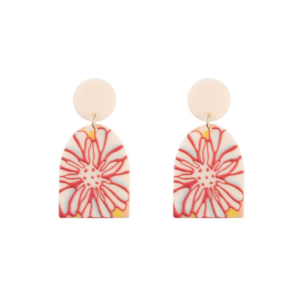 White Red Floral Arched Drop Earrings