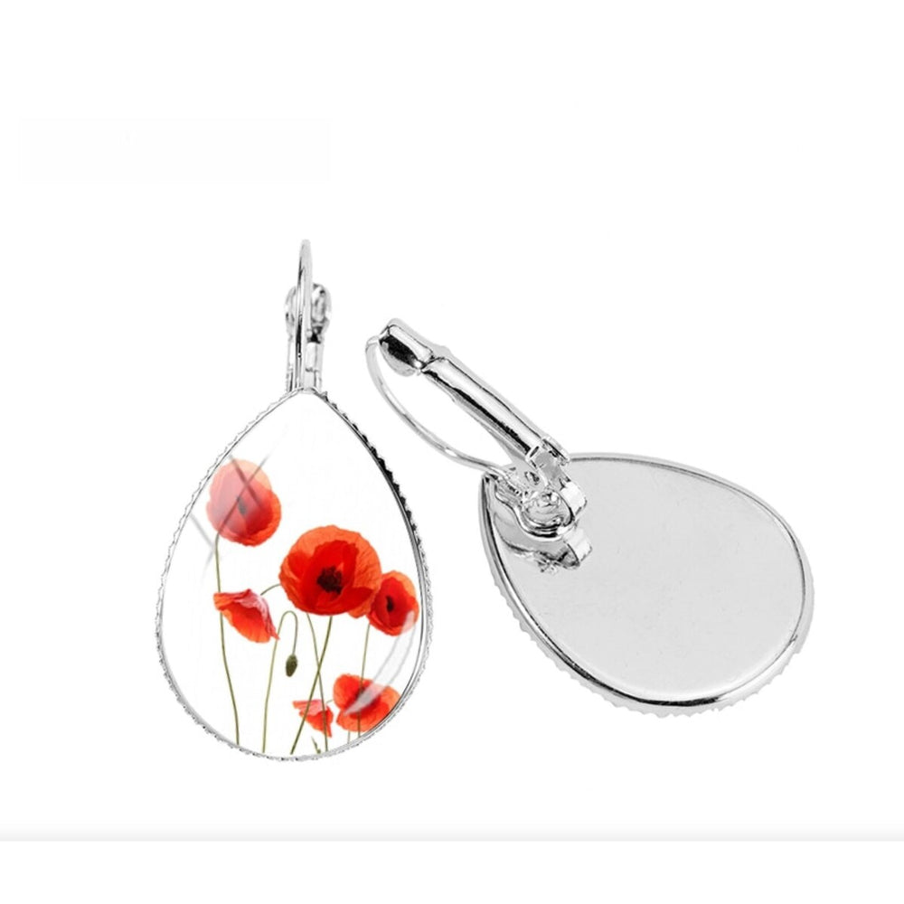 White Red Flowers Teardrop Leverback Earrings