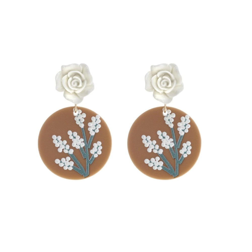 White Rose & Brown Circular Floral Drop Earrings