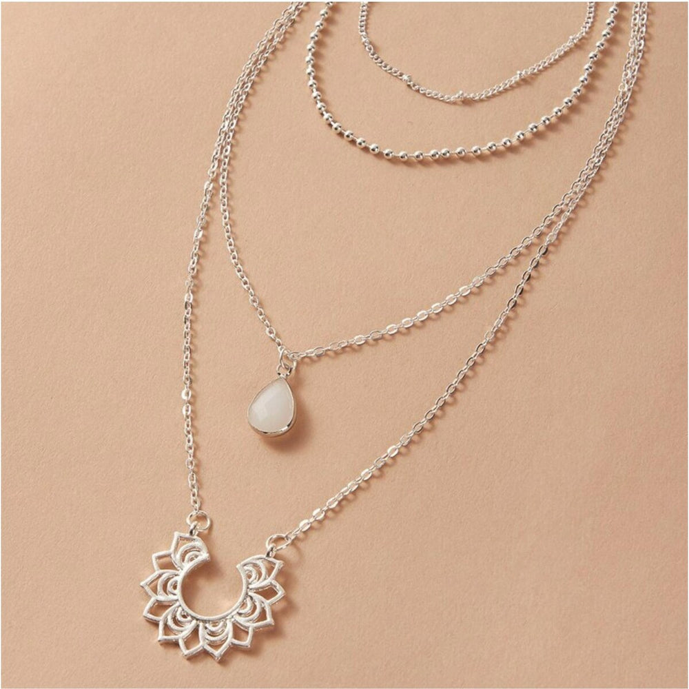 White Silvertone Open Flower Layered Pendant Necklace