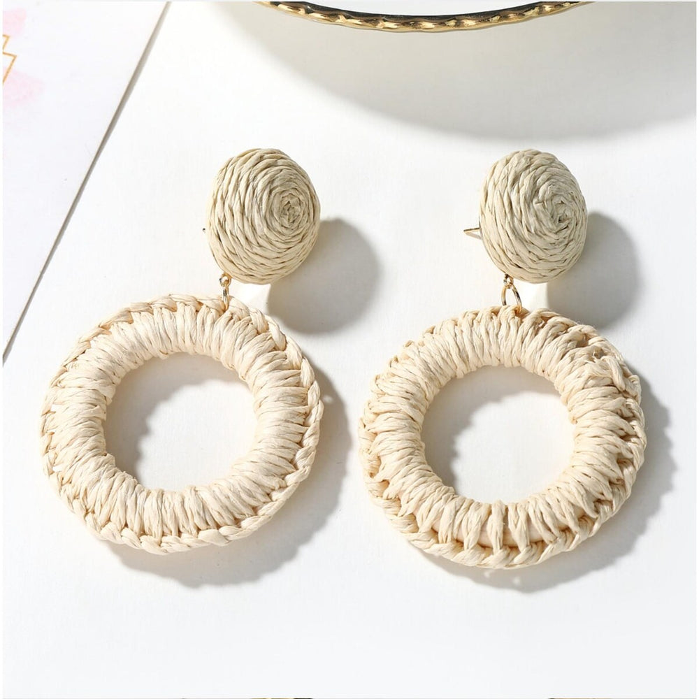 White Wicker Woven Open Circle Drop Earrings