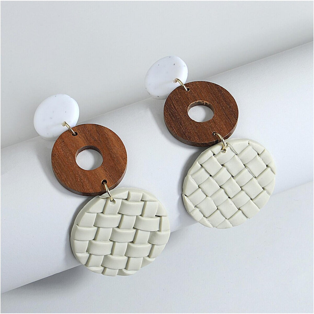 White Woven Faux Leather Wood Drop Earrings