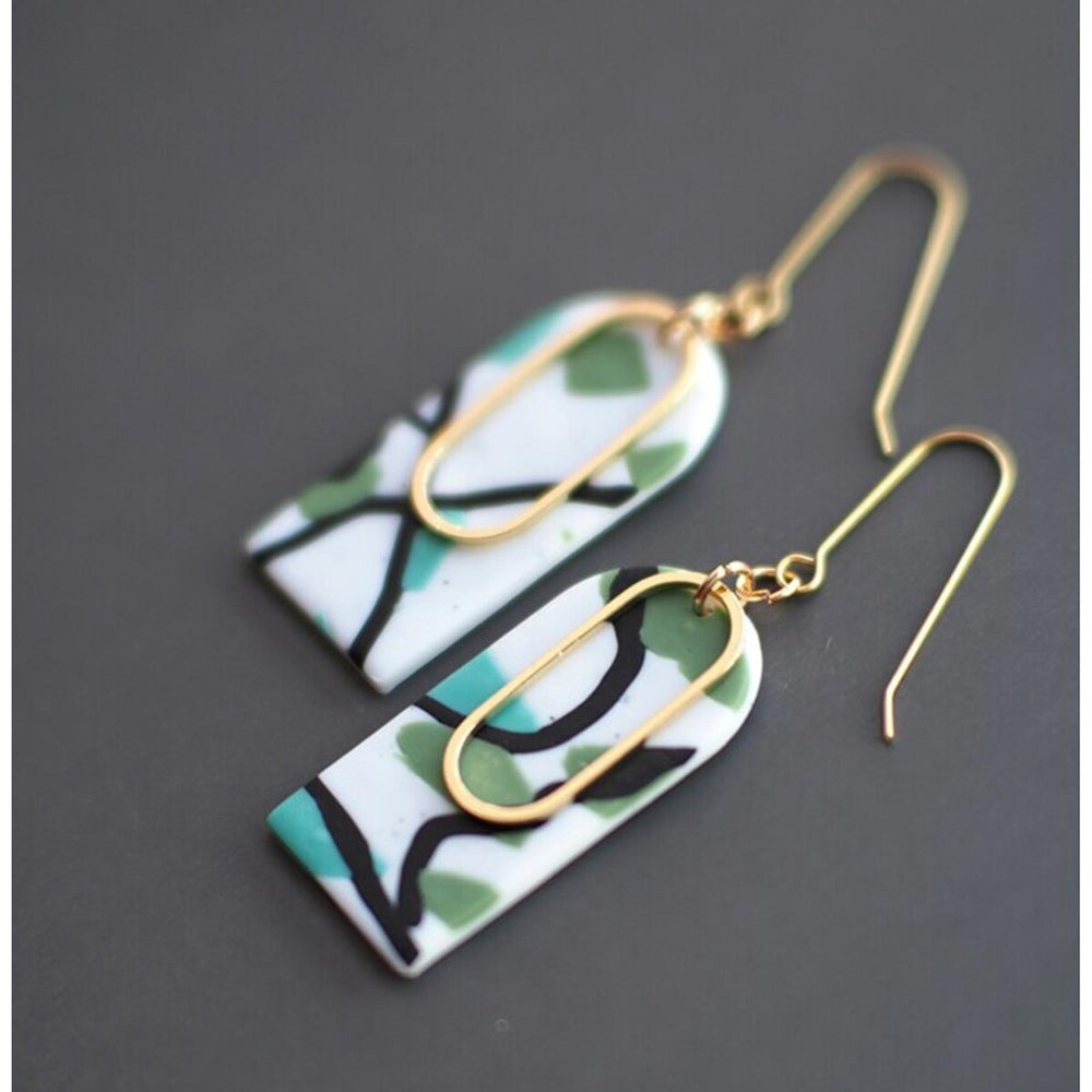 White & Green Mix Arched Earrings With Goldtone Open Oval