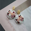 White and Pink Roses Clay Drop Earrings