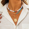 White, Multi Colored Teal Beaded Layered Necklace With Gold Rose And Crescent Moon - White