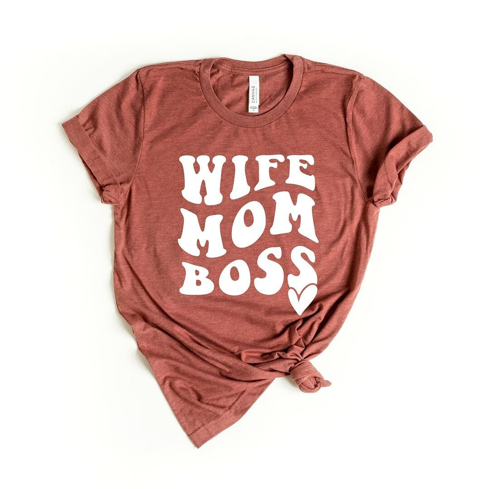 Wife Mom Boss Wavy Heart Short Sleeve Crewnneck Tee