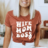 Wife Mom Boss Wavy Heart Short Sleeve Crewnneck Tee